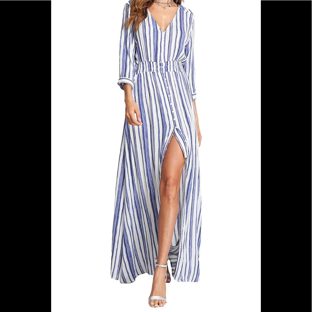 Striped Button Up Half Sleeve Split Maxi Dress